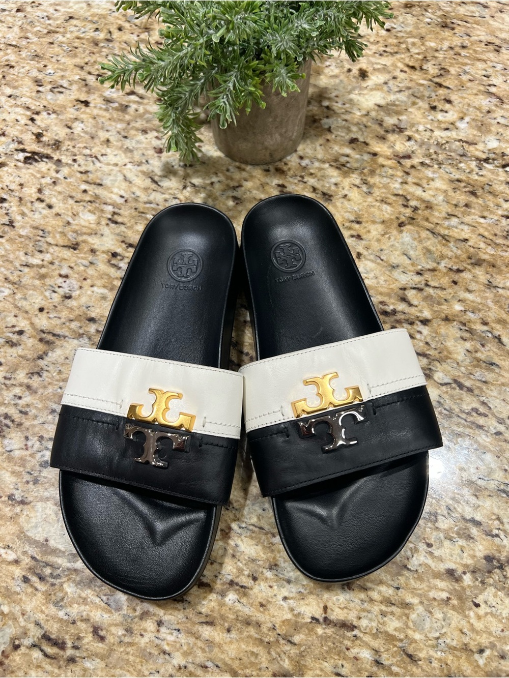 Tory Burch Everly Anatomic Black & White Leather Logo Slide Sandals 7.5